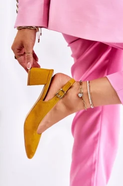 New Zamszowe Czółenka W Szpic Żółte Ashley Damskie Czółenka Zamszowe|Czółenka Klasyczne