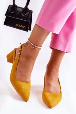 New Zamszowe Czółenka W Szpic Żółte Ashley Damskie Czółenka Zamszowe|Czółenka Klasyczne