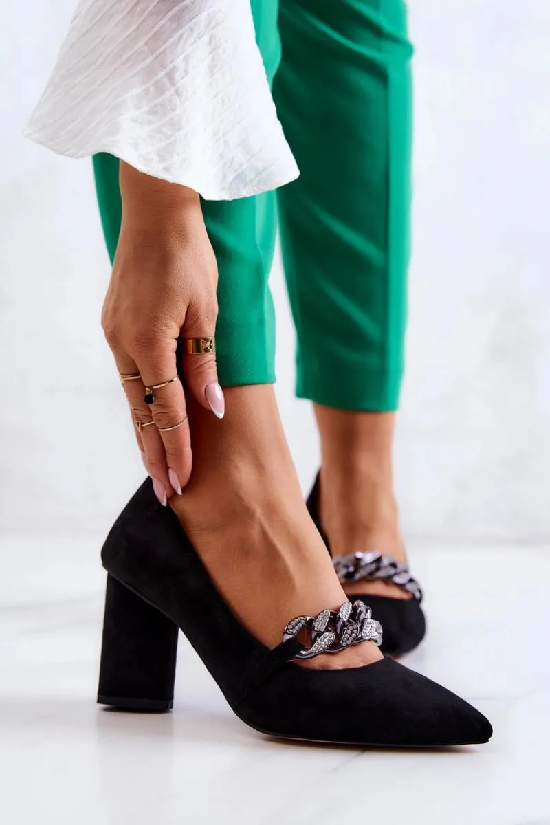 Online Zamszowe Czółenka Z Łańcuchem Czarne Alamoss Damskie Czółenka Zamszowe|Czółenka Na Słupku