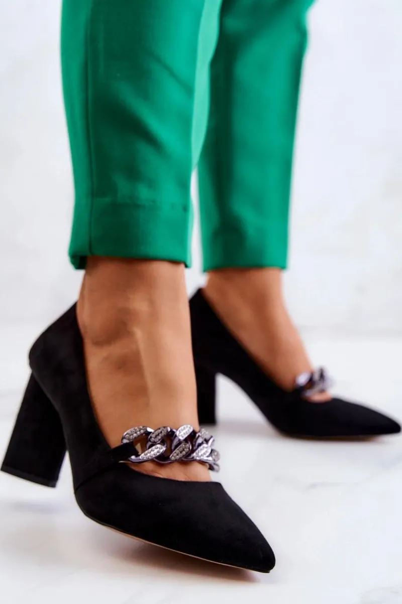 Online Zamszowe Czółenka Z Łańcuchem Czarne Alamoss Damskie Czółenka Zamszowe|Czółenka Na Słupku