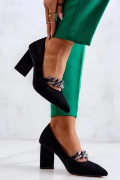 Online Zamszowe Czółenka Z Łańcuchem Czarne Alamoss Damskie Czółenka Zamszowe|Czółenka Na Słupku