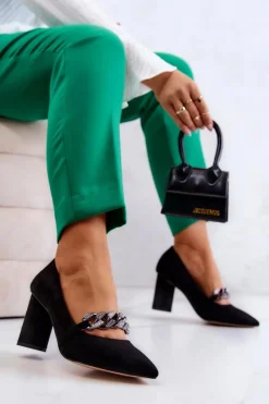 Online Zamszowe Czółenka Z Łańcuchem Czarne Alamoss Damskie Czółenka Zamszowe|Czółenka Na Słupku