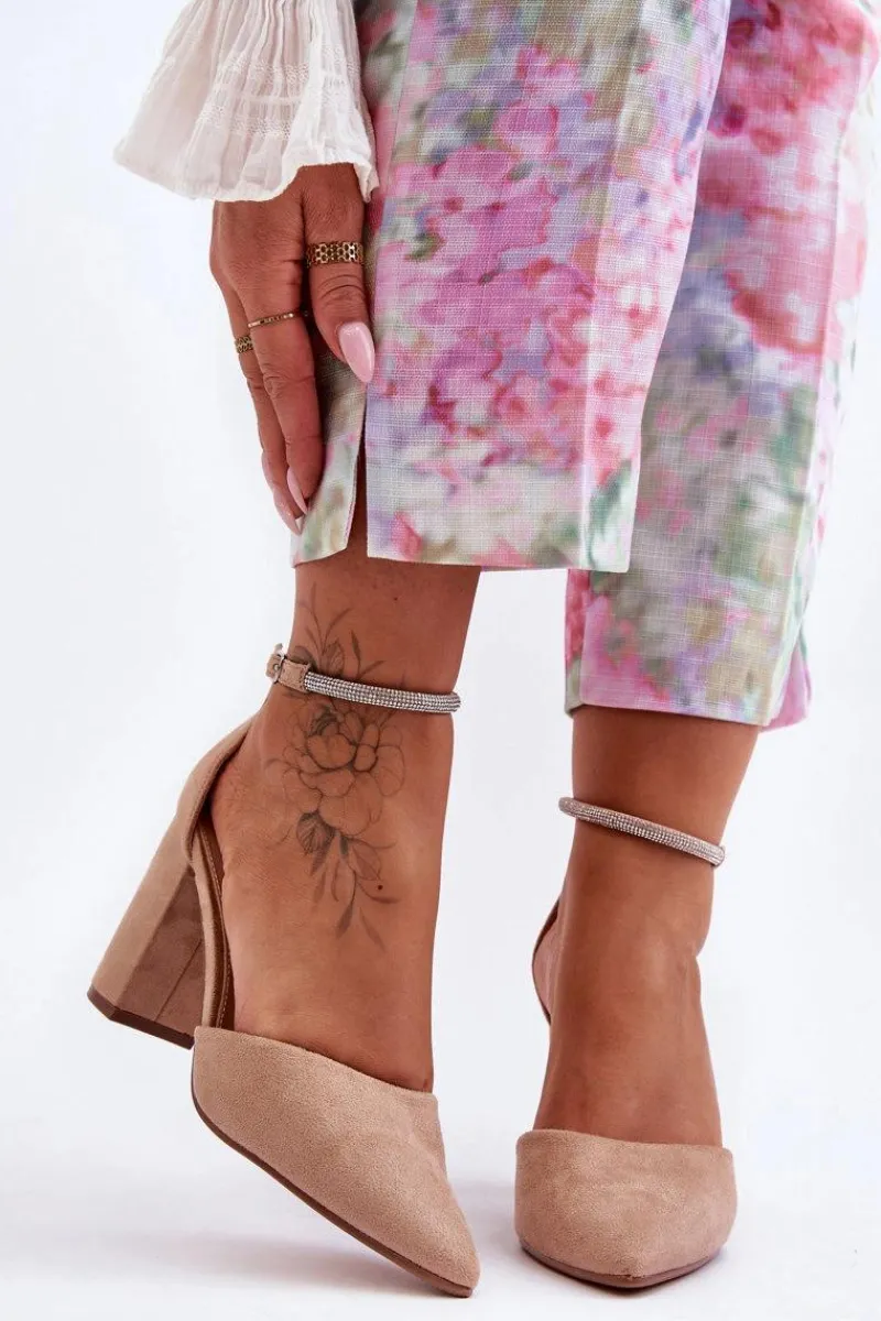 Czółenka Zamszowe|Czółenka Na Słupku>Boto Zamszowe Czółenka Z Cyrkoniami Ciemnobeżowe Diamond