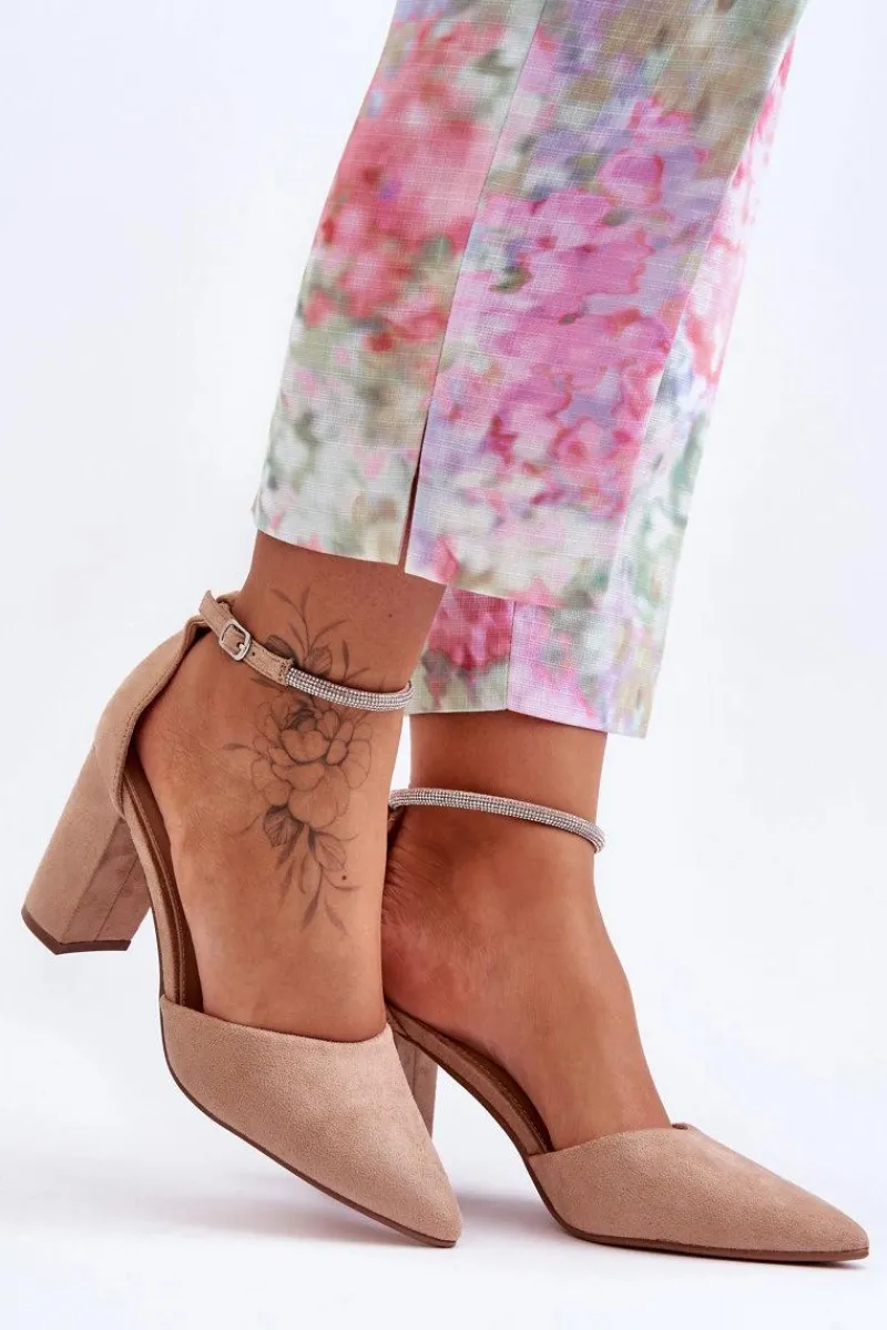 Czółenka Zamszowe|Czółenka Na Słupku>Boto Zamszowe Czółenka Z Cyrkoniami Ciemnobeżowe Diamond