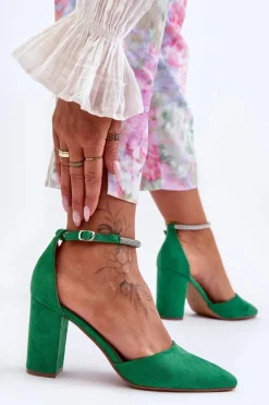 Zamszowe Czółenka Z Cyrkoniami Zielone Diamond Damskie Czółenka Zamszowe|Czółenka Na Słupku