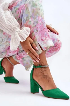 Zamszowe Czółenka Z Cyrkoniami Zielone Diamond Damskie Czółenka Zamszowe|Czółenka Na Słupku