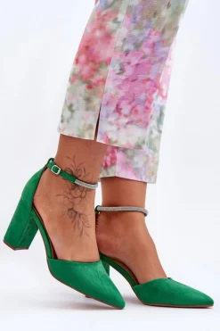 Zamszowe Czółenka Z Cyrkoniami Zielone Diamond Damskie Czółenka Zamszowe|Czółenka Na Słupku