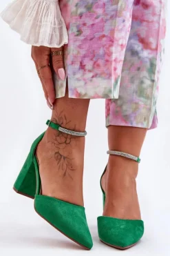 Zamszowe Czółenka Z Cyrkoniami Zielone Diamond Damskie Czółenka Zamszowe|Czółenka Na Słupku