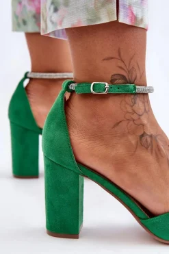 Zamszowe Czółenka Z Cyrkoniami Zielone Diamond Damskie Czółenka Zamszowe|Czółenka Na Słupku