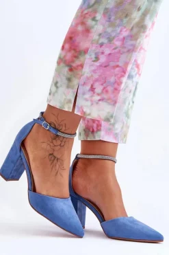 Discount Zamszowe Czółenka Z Cyrkoniami Niebieskie Diamond Damskie Czółenka Zamszowe|Czółenka Na Słupku