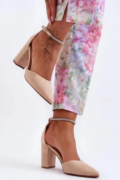 Czółenka Zamszowe|Czółenka Na Słupku>Boto Zamszowe Czółenka Z Cyrkoniami Beżowe Diamond Beżowy