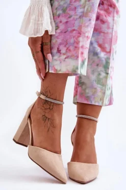 Czółenka Zamszowe|Czółenka Na Słupku>Boto Zamszowe Czółenka Z Cyrkoniami Beżowe Diamond Beżowy