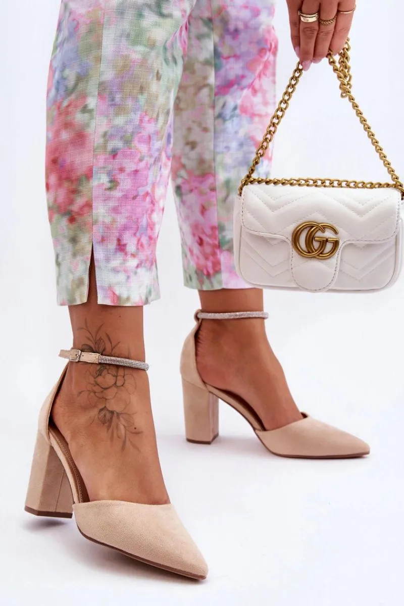 Czółenka Zamszowe|Czółenka Na Słupku>Boto Zamszowe Czółenka Z Cyrkoniami Beżowe Diamond Beżowy