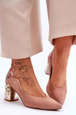 Online Zamszowe Czółenka Z Ozdobnym Obcasem 05042-15 Różowe Damskie Czółenka Na Słupku|Czółenka Klasyczne