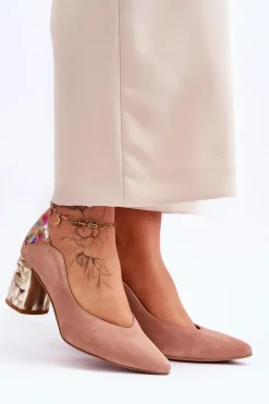 Online Zamszowe Czółenka Z Ozdobnym Obcasem 05042-15 Różowe Damskie Czółenka Na Słupku|Czółenka Klasyczne