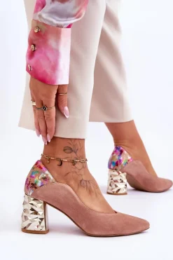 Online Zamszowe Czółenka Z Ozdobnym Obcasem 05042-15 Różowe Damskie Czółenka Na Słupku|Czółenka Klasyczne