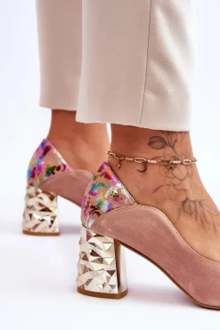 Online Zamszowe Czółenka Z Ozdobnym Obcasem 05042-15 Różowe Damskie Czółenka Na Słupku|Czółenka Klasyczne