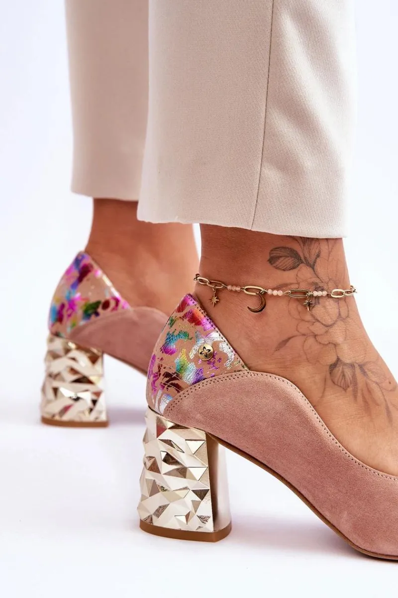 Online Zamszowe Czółenka Z Ozdobnym Obcasem 05042-15 Różowe Damskie Czółenka Na Słupku|Czółenka Klasyczne