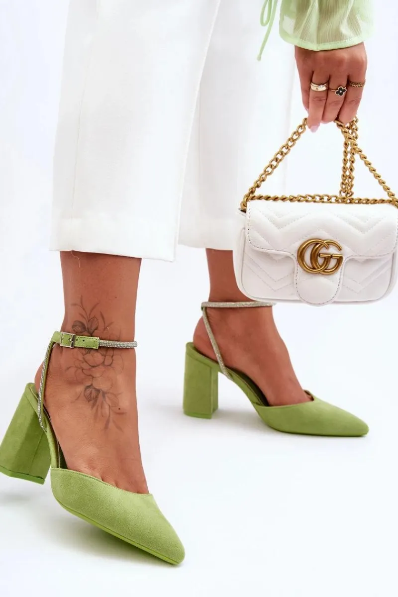 Czółenka Zamszowe|Czółenka Na Słupku>Boto Zamszowe Czółenka Z Ozdobnym Paseczkiem Zielone Lirosa