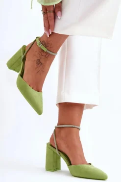 Czółenka Zamszowe|Czółenka Na Słupku>Boto Zamszowe Czółenka Z Ozdobnym Paseczkiem Zielone Lirosa