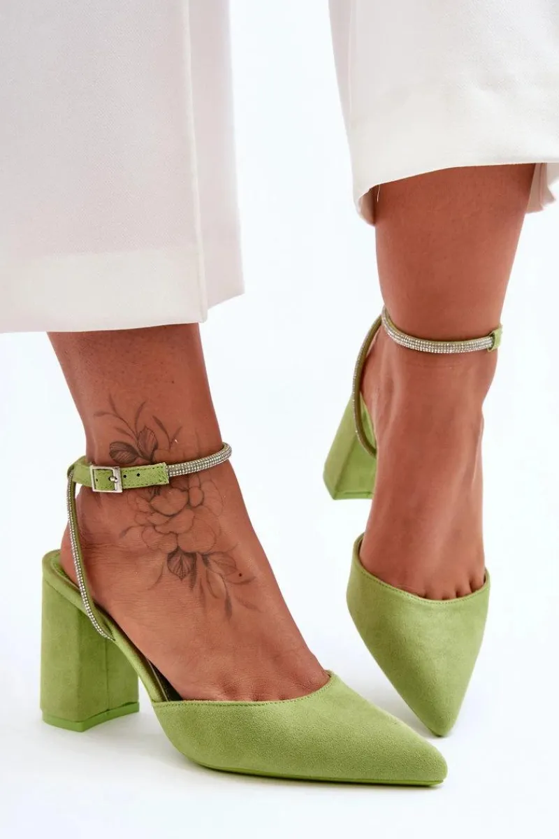 Czółenka Zamszowe|Czółenka Na Słupku>Boto Zamszowe Czółenka Z Ozdobnym Paseczkiem Zielone Lirosa