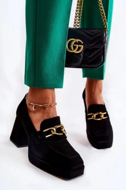 Online Laura Messi Zamszowe Czółenka Z Ozdobnym Łańcuchem 2444 Czarne Czarny