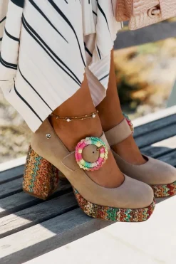 New Zamszowe Czółenka Z Plecionką Na Słupku I Platformie 06839-04 Beżowe Damskie Czółenka Na Platformie|Czółenka Zamszowe