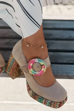 New Zamszowe Czółenka Z Plecionką Na Słupku I Platformie 06839-04 Beżowe Damskie Czółenka Na Platformie|Czółenka Zamszowe