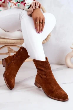 Hot Zamszowe Damskie Ażurowe Botki Camel Lemar Damskie Botki Wiosenne|Brązowe I Beżowe Botki