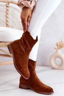 Hot Zamszowe Damskie Ażurowe Botki Camel Lemar Damskie Botki Wiosenne|Brązowe I Beżowe Botki