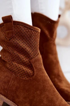 Hot Zamszowe Damskie Ażurowe Botki Camel Lemar Damskie Botki Wiosenne|Brązowe I Beżowe Botki