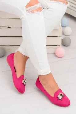 Outlet Boto Zamszowe Damskie Balerinki Lordsy Fuksja Veni