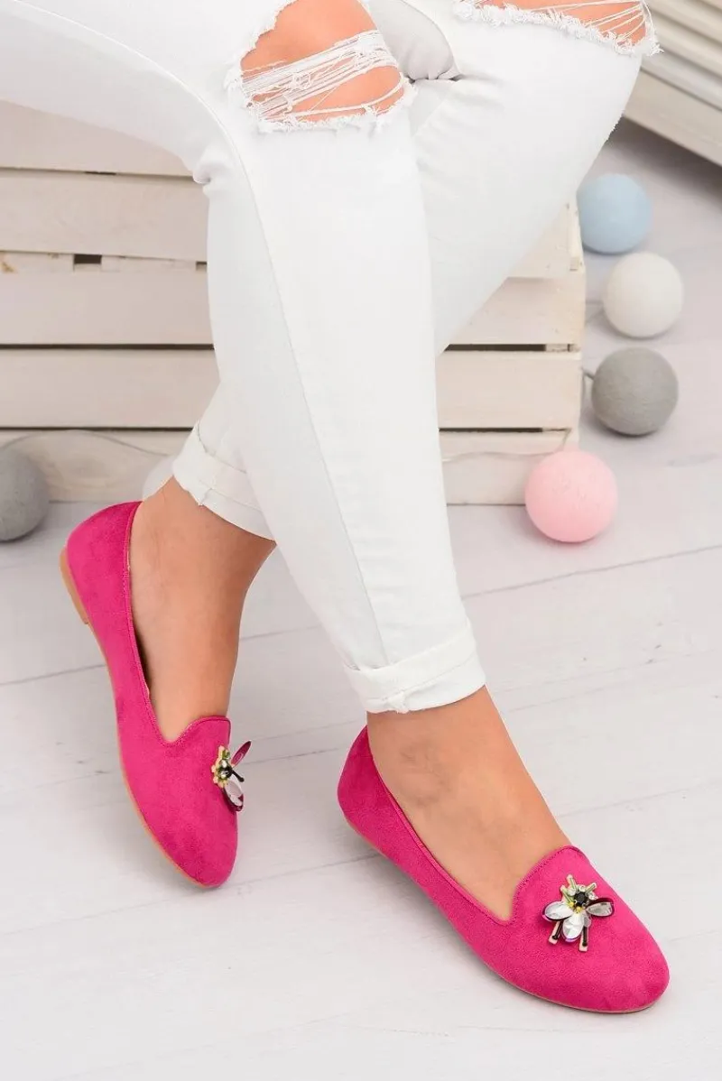 Outlet Boto Zamszowe Damskie Balerinki Lordsy Fuksja Veni