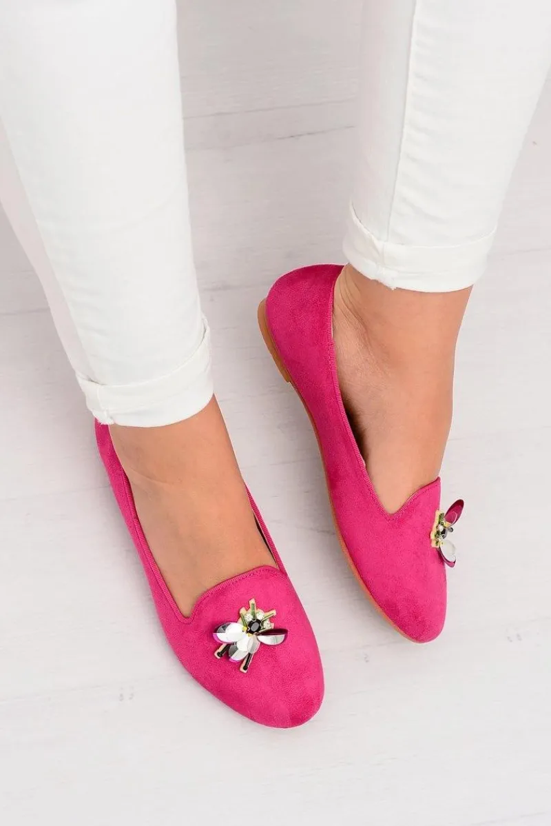 Outlet Boto Zamszowe Damskie Balerinki Lordsy Fuksja Veni