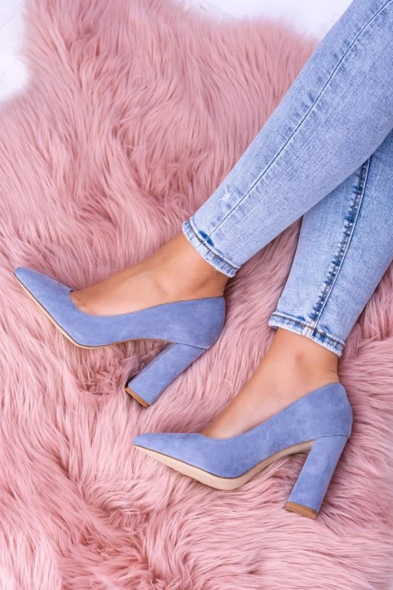 New Zamszowe Damskie Błękitne Czółenka Na Słupku Celine Damskie Czółenka Zamszowe|Czółenka Na Słupku