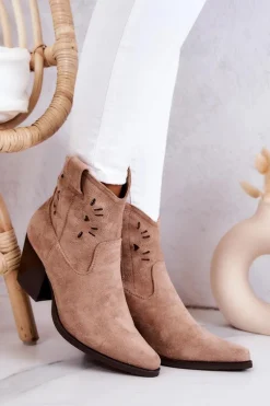 Botki Wiosenne|Botki Na Słupku>Damskie buty S.Barski Zamszowe Damskie Botki Kowbojki Beżowe Devon