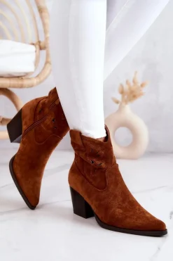 Hot Zamszowe Damskie Botki Kowbojki Camel Devon Damskie Botki Wiosenne|Botki Na Słupku