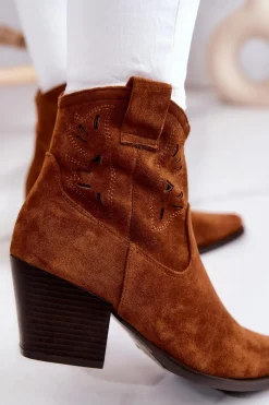 Hot Zamszowe Damskie Botki Kowbojki Camel Devon Damskie Botki Wiosenne|Botki Na Słupku