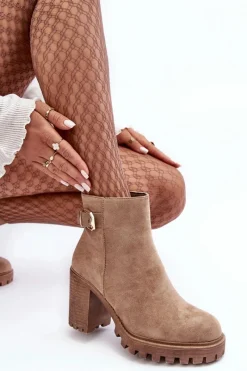 Sale Boto Zamszowe Damskie Botki Na Słupku Z Ozdobą Beżowe Menoria