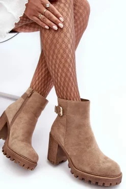 Sale Boto Zamszowe Damskie Botki Na Słupku Z Ozdobą Beżowe Menoria