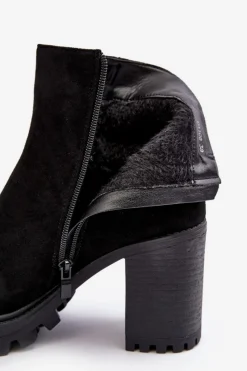 Sale Zamszowe Damskie Botki Na Słupku Z Ozdobą Czarne Menoria Damskie Botki Ocieplane|Czarne Botki