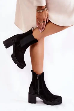 Zamszowe Damskie Botki Na Platformie Czarne Lemar Martine Damskie Botki Ocieplane|Botki Skórzane