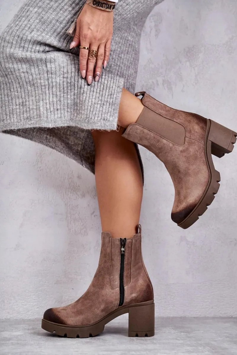 Hot Zamszowe Damskie Botki Na Platformie Beżowe Lemar Martine Damskie Botki Ocieplane|Botki Skórzane