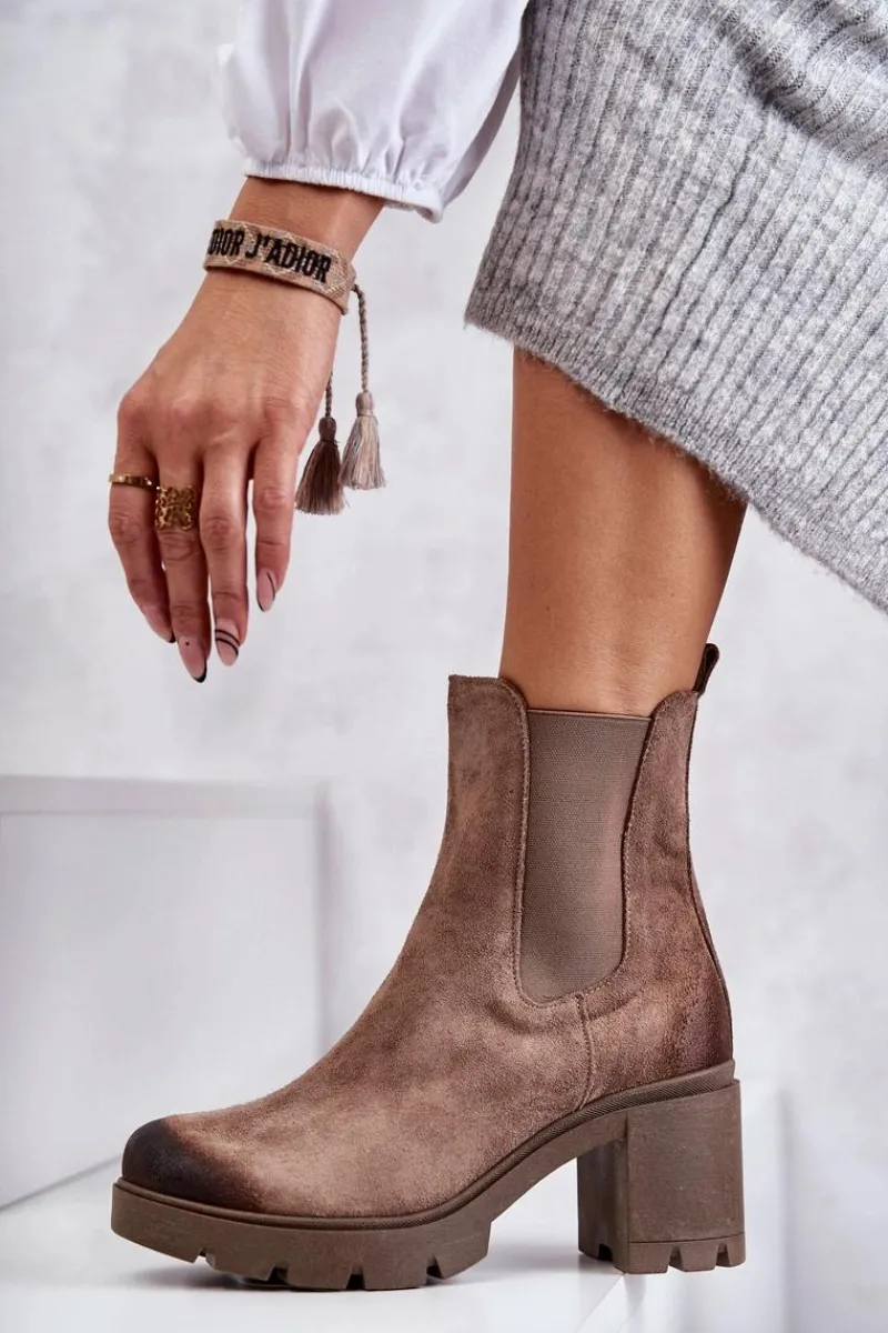 Hot Zamszowe Damskie Botki Na Platformie Beżowe Lemar Martine Damskie Botki Ocieplane|Botki Skórzane