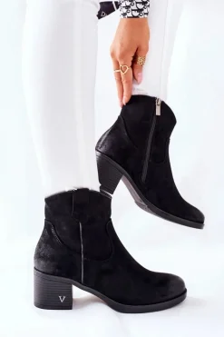 Outlet Zamszowe Damskie Botki Ocieplane Czarne Hillbrook Damskie Botki Na Słupku|Czarne Botki