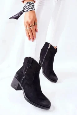 Outlet Zamszowe Damskie Botki Ocieplane Czarne Hillbrook Damskie Botki Na Słupku|Czarne Botki