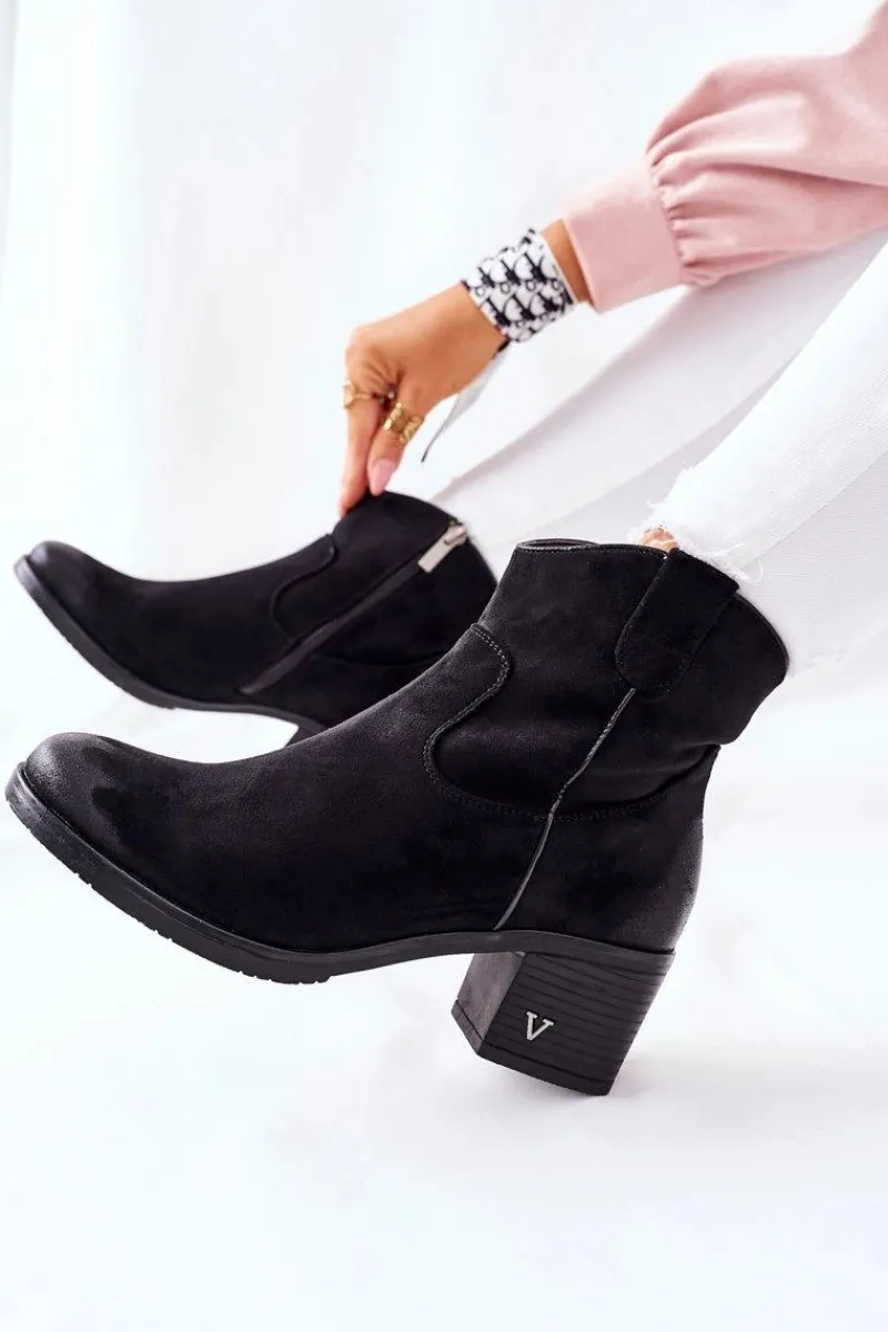 Outlet Zamszowe Damskie Botki Ocieplane Czarne Hillbrook Damskie Botki Na Słupku|Czarne Botki