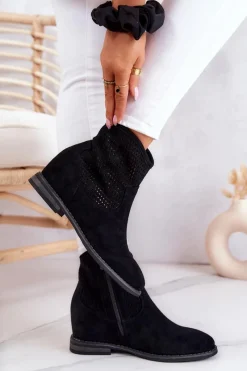 Best Zamszowe Damskie Botki Ukryty Koturn Czarne Solene Damskie Botki Wiosenne|Botki Na Koturnie
