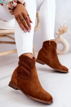 Botki Wiosenne|Botki Na Koturnie>Damskie buty S.Barski Zamszowe Damskie Botki Ukryty Koturn Camel Solene