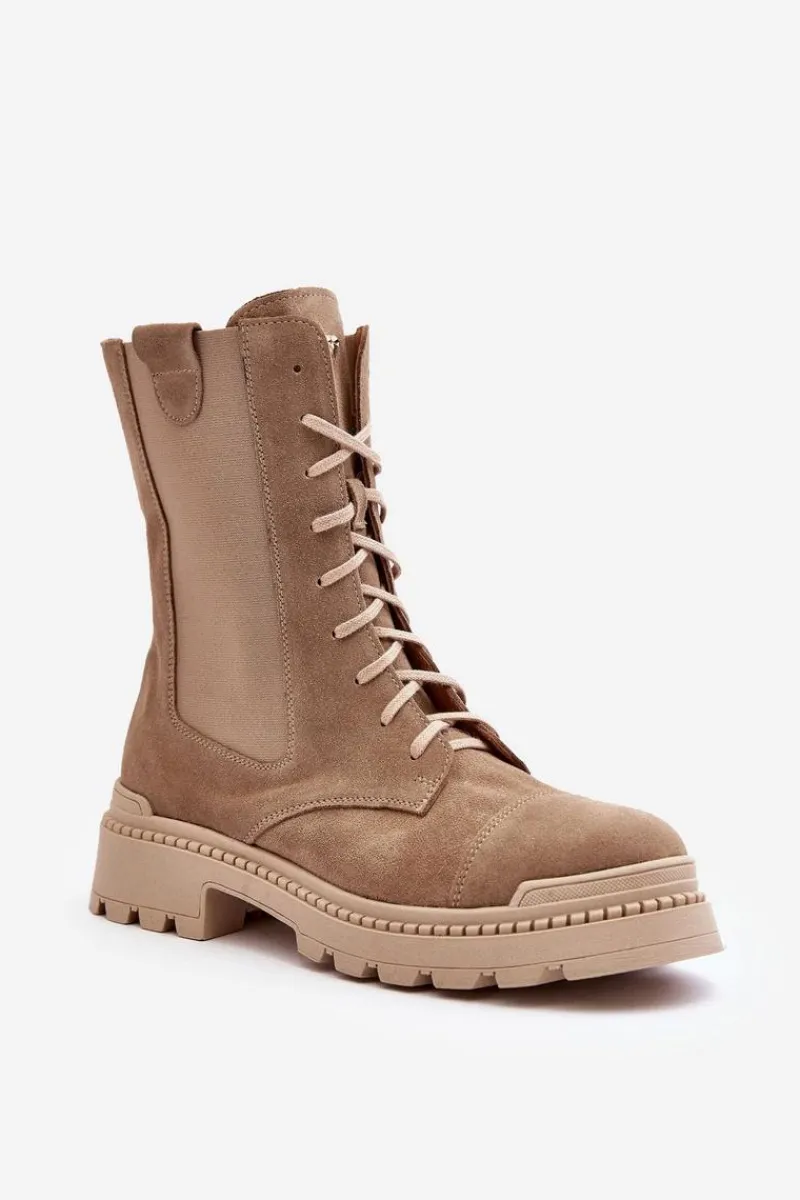 Clearance Boto Zamszowe Damskie Botki Workery Sznurowane Beżowe Nicole 2836 Beżowy